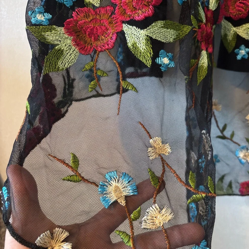 Cha-Cha | Floral Embroidered Black Sheer Cardigan | Size Medium - Picture 7 of 7